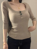 KYLETHOMASW  -  Vintage Solid U Neck Three Quarter Sleeve Slight Strech All Match Korean Knitted Top Female