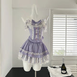 KYLETHOMASW  - Japanese Kawaii 2 Piece Skirt Sets Women Sweet Lace Patchwork Y2k Crop Tops + Slim Pleated Princess Skirt OutfitsVintage Suits