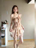 KYLETHOMASW  -  French Vintage Elegant Off Shoulder Cake Dress Women Summer Y2k Chic Birthday Party Mini Dress Japanese Fashion Casual Outfits