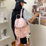 KYLETHOMASW  -  Women Star Stripe Print Drawstring Backpack Soft Fabric Flap Cover Nylon Travel Daypack Cute Student School Shoulder Bag