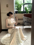 KYLETHOMASW  -  French Women Beige Patchwork Lace Elegant Sexy Backless Slanted Shoulder Long Dresses Summer Vacation Party Fishtail Dress Trend