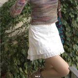 KYLTHOMASW  -  Streetwear Lace-up Pleated Solid Color A-line Skirt Women 2024 Summer New High Waist Lace Splicing Hollow Out Sexy Mini Skirt