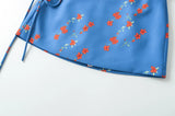 KYLETHOMASW  -  Summer Girl Bandage Lacing Up Sashes Ruched Waist Blue Floral Print Mini Skirts Fashion Women Zip up Waist A-lined Short Skirts