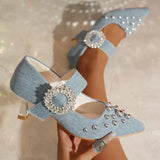 KYLETHOMASW  -  Vintage Denim Pointed Toe High Heels Pumps Women Silver Glitter Buckle Sandals Women Rivet Decoration Dress Party Shoes