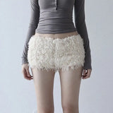 KYLETHOMASW  -  White Sweet Knitted Furry Super Mini Shorts for Women Winter Warm Low Waist Hot Pants Women Sexy Wrap Hip Slimming Leggings