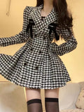 KIylethomasw Elegant Vintage Lapel Neck Houndstooth Dresses Y2k E-Girl Slim Waist Dress for Women Spring New Long Sleeve Vestidos Mujer