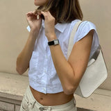 Kylethomasw  -  White Single Breasted Lapel Tops Sumemr Casual Crop Tops Patchwork Short Sleeve Bottoming Skinny Batwing Sleeve Backless Tees