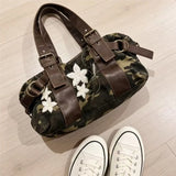 KYLETHOMASW  -  Retro Camouflage Bowling Bag Women Floral Embroidery Belt Decoration Large Capacity Handbag Ladies Harajuku Casual Style Bag New