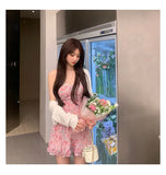 KYLETHOMASW  -  Sweet New Pink Sexy Dress Sweet Fresh Style Fragmented Flowers Print Waist Wrapped Slim Student Summer Short Lovely