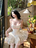 KYLETHOMASW  -  Seaside Vacation Style High Waist Slimming Suspender Dress Sweet Beautiful Woman Pure Lace Splicing Puffy Short Dresses