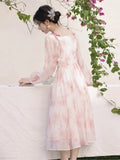 KYLETHOMASW  -  Elegant Party Long Dresses Spring Fairycore Dress Pink Bow Lace-up French Style Square Neck Fairy Dresses Female Cloting New
