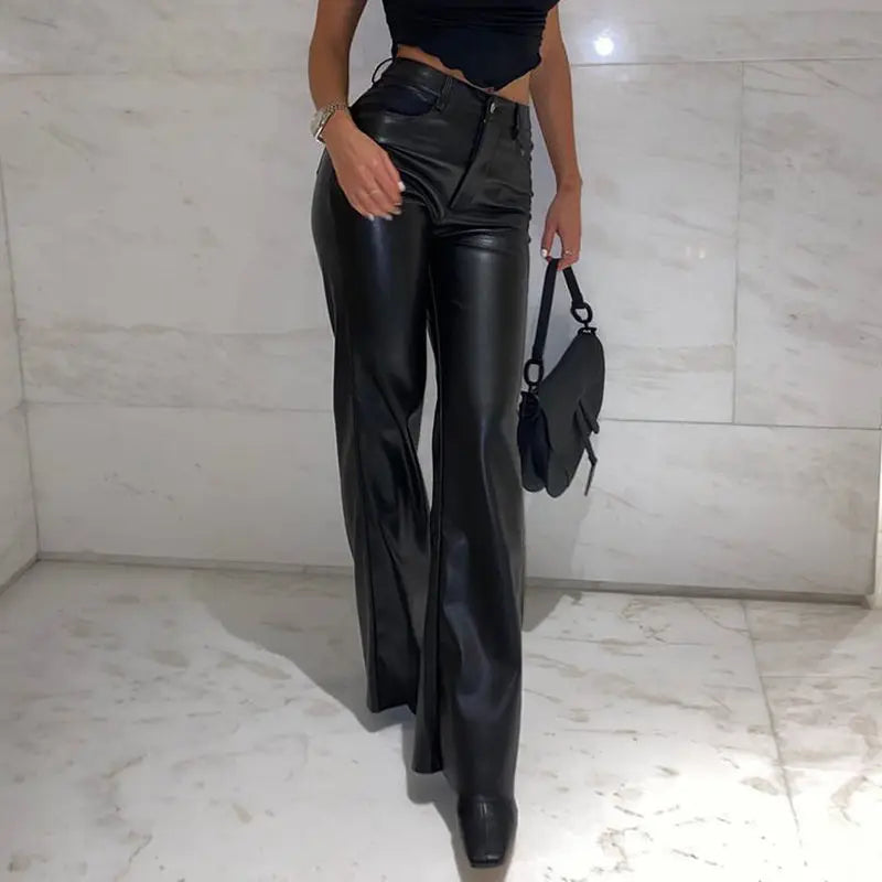 Kylethomasw Black Punk Style Pu Faux Leather Pant Fashion Women Pants High Waist Straight Casual Trousers Winter Streetwear Trousers