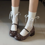 KYLETHOMASW  -  Cute Polka Dot Thick Heel Women Mary Jane Shoes Designer Buckle Strap Pumps Ladies Eelgant Butterfly-knot Dress Single Shoes
