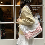 KYLETHOMASW  -  Kawaii Floral Bear Quilted Tote Bag Plaid Splicing Lace Decor Shoulder Bag Cartoon Large Capacity Women Casual School Handbag