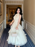 Kylethomasw 2024 New Strapless Sleeveless White Chiffon Long Dress Women French Retro Fairy Tale Princess Dress Elegant Ruffled Fluffy Dress
