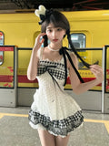 KYLETHOMASW  -  Sweet Lolita Kawaii Summer Two-piece set Women Cami Top Bowknot Lace Plaid Cake Skirt High Waist Ruffle Cute Daily Japan Fashion