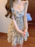 KYLETHOMASW  -  Sweet Hot Girl Beach Holiday Floral Dress Women's Summer Slim-fit Square Collar Sleeveless A-line Dress Fashion Female Clothes