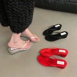 KYLETHOMASW  -  Summer New Women Slipper Fashion Narrow Band Ladies Slip On Flip On Shoes Low Wedge Heel Outdoor Dress Slides New Woman
