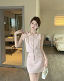 KYLETHOMASW  -  Elegant Skirt Set Women's Summer Bow Tweed Vest High Waist Mini Skirt Two-piece Set Fashion Female Clothes