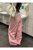 KYLETHOMASW  -  American Retro Plaid Patchwork Pocket Casual Pants Women Summer Loose Versatile Straight Leg Wide Leg Pants Lazy Style Long Pant