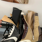 KYLETHOMASW  -  Black And White Boots Women Pointed Toe Lace Up Sports Style Wedges Shoe Fall Mid-calf Boots Comfort High Heels New Arrivals