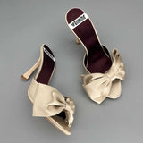 KYLETHOMASW  -  Large Size Slip-On High Heel Mules French Style Sandals with Bow Detail Summer Outdoor Wear Fish Mouth Ultra Thin Heel