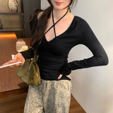 KYLETHOMASW  -  Y2k Sexy Slim Solid V Neck Long Sleeve Lace-up All Match Women's T-shirts