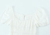 KYLETHOMASW  -  Holiday White Bow O neck Elastic Body Puff Sleeve Long Dress Women Slim Ruched Waist A-lined Swing Dresses Summer Robe Vestidos