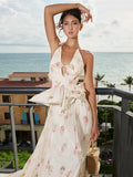 KYLETHOMASW  -  Flower Print Ruffles 2-Piece Set Women Halter Bandage v-Neck Backless Bows Backless Vest+Sweet Long Skirt Vacation Suits