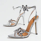 Kylethomasw Silver Butterfly-knot Ankle Strap Woman Sandals Elegant Pointed Toe Women Thin High Heels Sexy Wedding Party Women Pumps