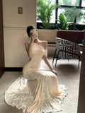 KYLETHOMASW  -  French Women Beige Patchwork Lace Elegant Sexy Backless Slanted Shoulder Long Dresses Summer Vacation Party Fishtail Dress Trend