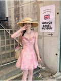 KYLETHOMASW  -  Casual Light Pink Printed Sleeveless Dress Beach Fashion Y2K Vintage Chic Summer French Retro Elegant Chiffon Midi Dress Women