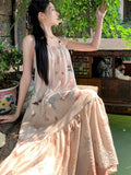 KYLETHOMASW  -  Vintage Butterfly Print Party Pleated Long Dress for Women Summer Elegant Sexy Club Beige Backless Bandage Slip Vestidos Robe