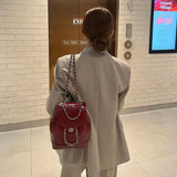 Kylethomasw Korea Mini Chains Backpack Ins Student Oil Wax Leather Shoulder Bag Women Autumn Winter Female Travel Bagpack Black Rucksack