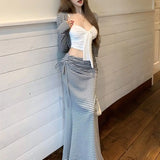 KYLETHOMASW  -  Striped Slimming Sexy Three-Piece Set Korean Lazy Style Women's Fashion Unique Design Sensation Tank Cardigan Mini Skirt Set