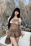 KYLETHOMASW  -  Sweet Hot Girl Retro Suit Women's Autumn/Winter Fur Collar Spliced Off Shoulder Knitted Top High Waist Mini Skirt Two-piece Set