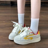 KYLETHOMASW  -  Cream White Platform Sneakers Women Yellow Orange Side Stripe Lace Up Chunky Casual Shoes Thick Sole Comfortable Daily Sporty