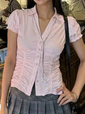 KYLETHOMASW  -  Fashion Sweet Ruched Slim Fit Women Shirts Chic Solid Summer Cute All-Match Causal Blouses Simple