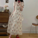 KYLETHOMASW  -  Women's Vintage Floral Print Midi Dress Square Neck Puff Sleeve Lace Patch High Waist A-line Summer Dress