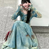 KYLETHOMASW  -  Elegant Vintage Tie Dye Slim Fit Fungus Long Sleeve Tops Women+ Y2k High Waist Ruched Skirts 2025 Summer New Two Piece Sets