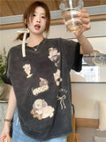 Kylethomasw American Retro Kawaii Doggy Print Oversized T-shirts for Women Summer Cutecore Cat Kitty Graphic Tops Short Sleeve Tops