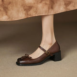 KYLETHOMASW  -  Butterfly-knot Elegant Shallow Mouth Women Pumps 2025 Mary Jane Fashion Square Toe Metal Buckle Thick Heel Dress Ladies Footwear