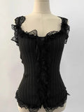 KYLETHOMASW  -  Korean Lace Patchwork Knitted Vest Women Summer New Style Niche Age Reducing Outerwear Short Ice Silk Camisole Top
