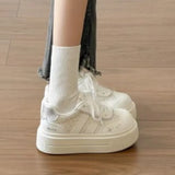 KYLETHOMASW  -  Ladies White Platform Skate Shoes Star Embroidery Thick Bottom Bread Sneakers Silver Tail Lace Up Heighten Casual Walking Shoes