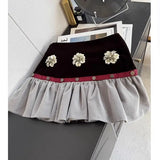 KYLETHOMASW  -  Velvet Patchwork Skirt Detachable Floral Accent Pleated Midi Skirt Women Trendy Convertible Design High Waist A-Line Dress