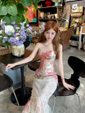 KYLETHOMASW  -  Summer Women Two Piece Set Floral Corset Top and Lace Midi Skirt Elegant Mesh Outfit Slim Fit Vintage French Style Beach Suit