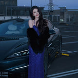 KYLETHOMASW  -  Sexy Shiny Sling Dress Woman Halter Off Shoulder Backless Skinny High Waist Gown Robe New Style Elegant Long Bodycon