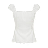 KYLETHOMASW  -  Gentle style V-neck mushroom edge bubble sleeve shirt BM foreign trade new style breasted waist tight short sleeved top