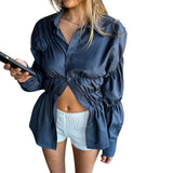 KYLETHOMASW  -  Women Long Sleeve Shirts Solid Color Scrunched Turn Down Collar Button Down Blouses Spring Casual Tops Streetwear