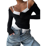 KYLETHOMASW  -  Womens Long Sleeve Shirt & White Camisole Sets Off The Shoulder Going Out Tops Tees Y2K Outfits